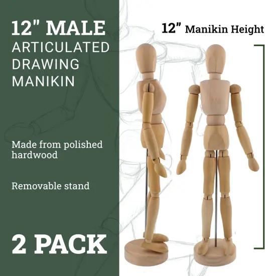 Wood 12" Artist Drawing Manikin Articulated Mannequin with Base and Flexible Body - Perfect For Drawing the Human Figure (12" Male) Pack of 2 Manikins {2}