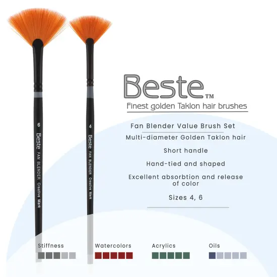 Creative Mark Beste Golden Taklon Fan Blender Set of 2 Artist Brush, Professional Watercolor Brushes, For Acrylic Painting, Short Handle, Sharp Edges, Hand-Tied & Shaped {3}
