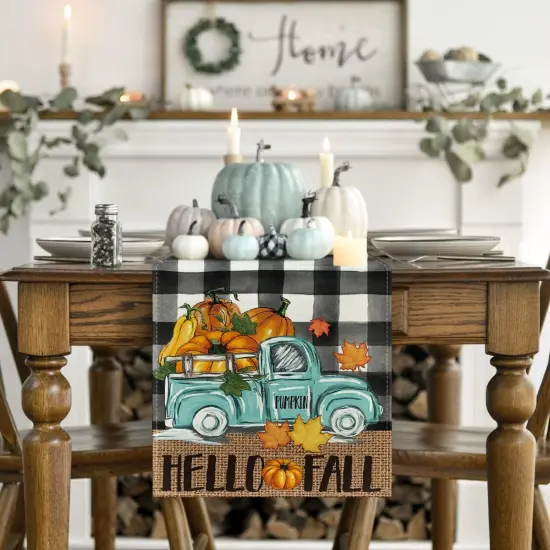 Buffalo Plaid Truck Pumpkin Maple Leaf Hello Fall Table Runner-13x36 Inch {2}