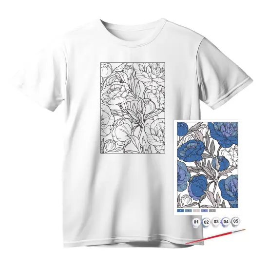 T-Shirt Painting "Blue Peonies" - 100% Cotton, Size S by ROSA Talent {1}