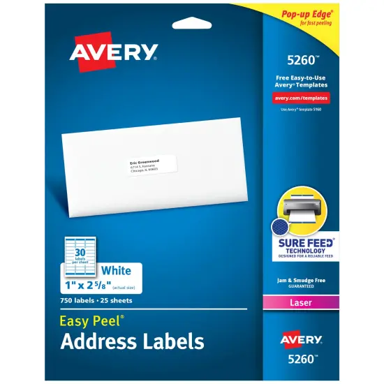 Avery Easy Peel Printable Address Labels with Sure Feed, 1" x 2-5/8", White, 750 Blank Mailing Labels for Laser Printers (5260) - 5 Pack {1}