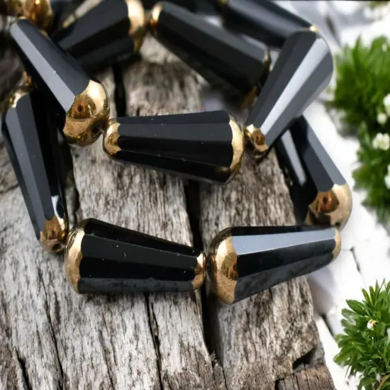 *6* 8x20mm Bronze Tipped Jet Black Faceted Drop Beads {5}