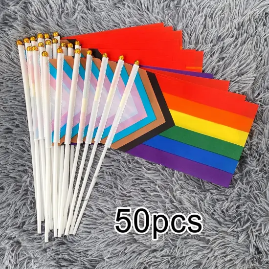 50 Pack Progress Pride Rainbow Stick Flag Small Mini Hand Held USA American LGBTQ Rainbow Gay Flags for Parades,Mardi Gras,Rainbow Party,8.2 x 5.5 inch {4}