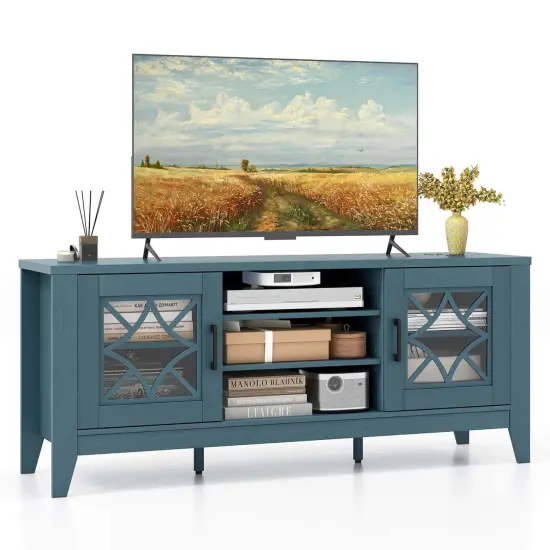 Costway TV Stand for TVs up to 65" with 3-Position Adjustable Shelves Tempered Glass Doors Black/Teal Blue {1}