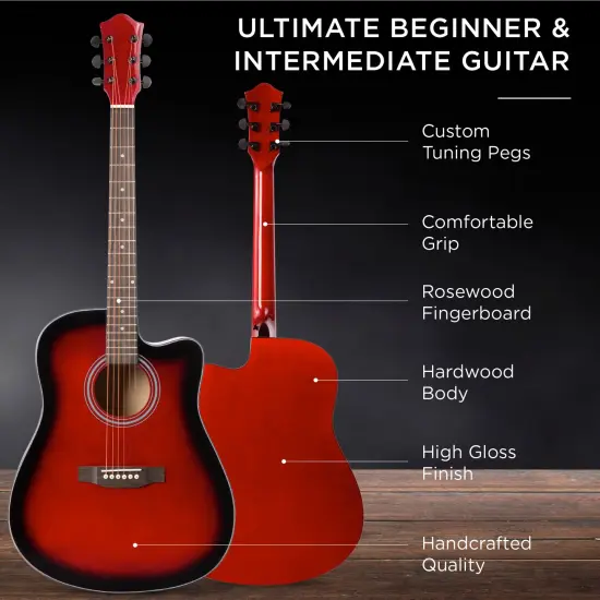 Best Choice Products 41in Full Size Beginner Acoustic Guitar Set with Case, Strap, Capo, Strings Red {4}