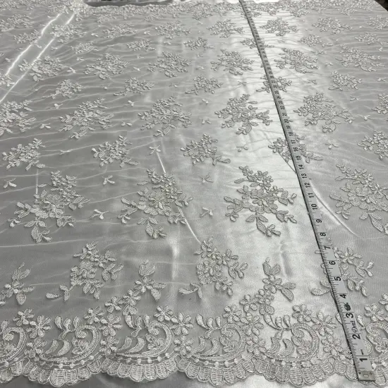 1 Yard Corded Bridal Lace Fabric Embroidered on 100% Polyester Net Mesh 53" Width White {4}