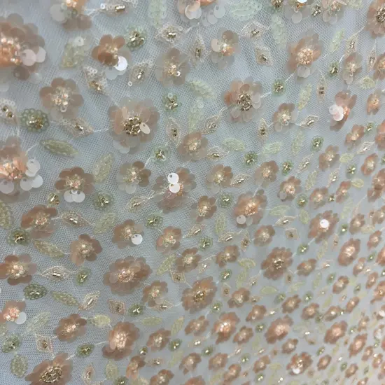 1 Yard Beaded and Sequined Lace Fabric Embroidered Net Mesh 54" Width Peach {7}