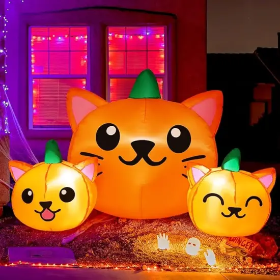 Long Three Pumpkin Cat Head Combo with Built-in LEDs {2}