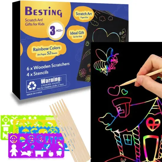 Scratch Paper Art 7.5&rdquo; x 5.5&rdquo; 52 Pieces for Kids Rainbow Color Scratch Off {1}