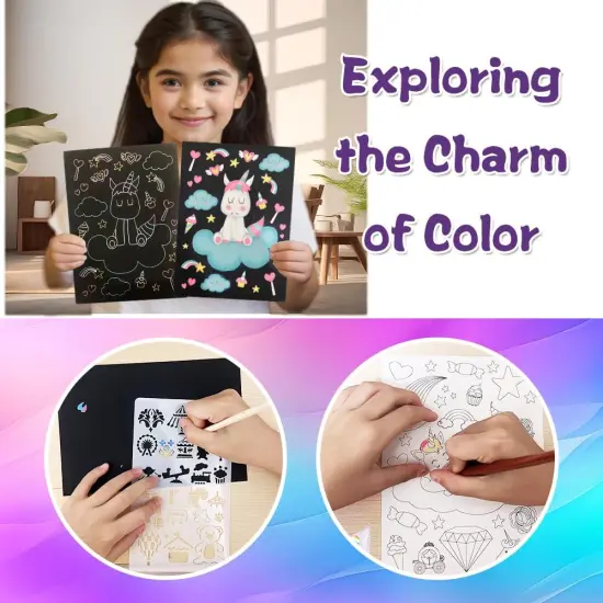 36+9 Scratch Art Paper Kit with Pre-Outlined Template ,4 Follow Boards 8 Scratch Pens 12 Crayons 4 Velvet Clothes {5}