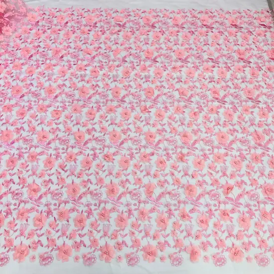 1 Yard Beaded 3D Floral Lace Fabric Embroidered Couture Mesh Dress 49" Width Pink Light {1}