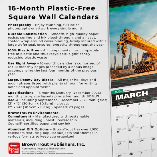 Heavy Equipment | 2026 12 x 24 Inch (Hanging) Monthly Square Wall Calendar | Plastic-Free {6}