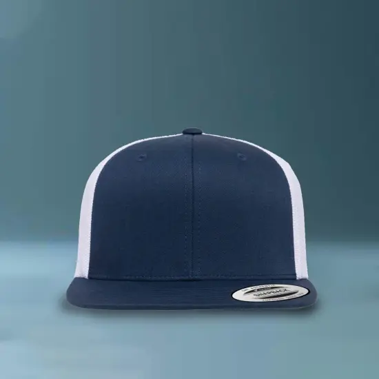 1 Count Retro High Profile Trucker Cap with Snapback Closure and Flat Bill Design Black/White {7}