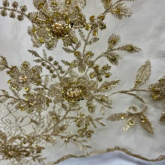 1 Yard Beaded Floral Lace Fabric Embroidered on 100% Polyester Net Mesh 51" Width Silver {6}