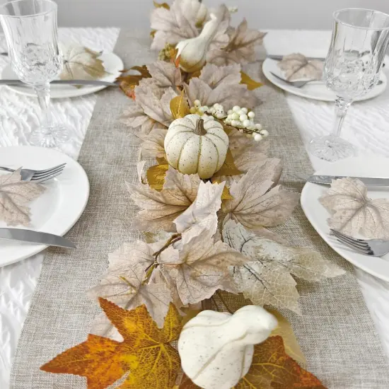 6Ft Fall Garland with Lights, Fake Pumpkin Berry Autumn Maple Leaves Garland - 1 Pcs White {4}