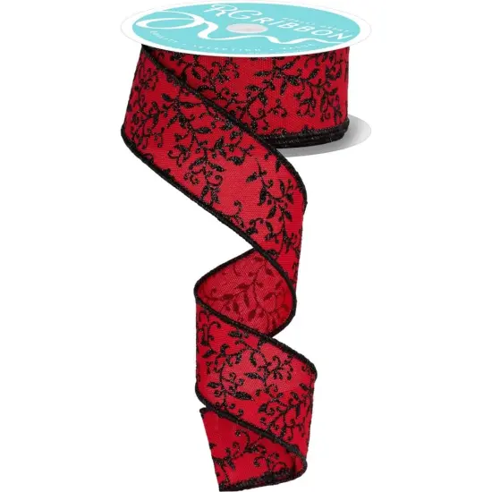 1.5" Glitter Mini Leaf Vines Ribbon: Red/Black (10 Yards) {1}