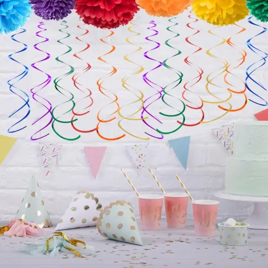 Colorful Rainbow Foil Swirl Hanging Decoration Streamer for Birthday Graduation Wedding Pride Theme Party Supplies, Gold Red Orange Green Blue and Purple, Pack of 18 {3}