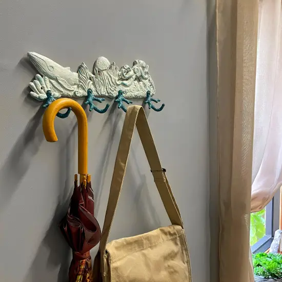 Cast Iron Sealife Plaque with Coral Hooks - Coastal Wall Decor {7}