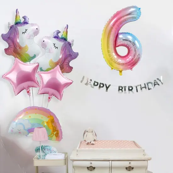 40 Inch Digital Crown Foil Number Balloons Gradient Color Digital Balloon Birthday Party Decoration Balloon,Unicorn Rainbow Birthday Balloons for Girls, 6th Birthday Party Supplies {3}