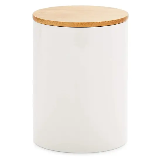 Farmlyn Creek Set of 3 White Ceramic Canisters with Airtight Wooden Bmaboo Lids, Kitchen Counter Containers, Food Storage Jars, Ideal for Storing Sugar, Coffee, Snacks and Other Dry Goods, (3 Sizes) {7}