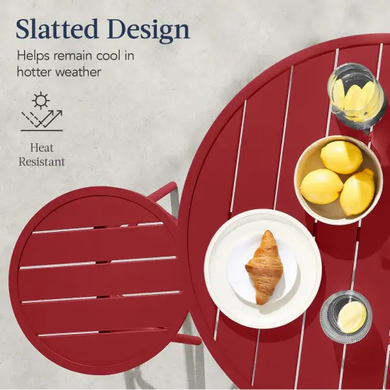 Best Choice Products 3-Piece Steel Patio Bar Height Round Bistro Set w/ Backless Stools, Slatted Design Red {4}