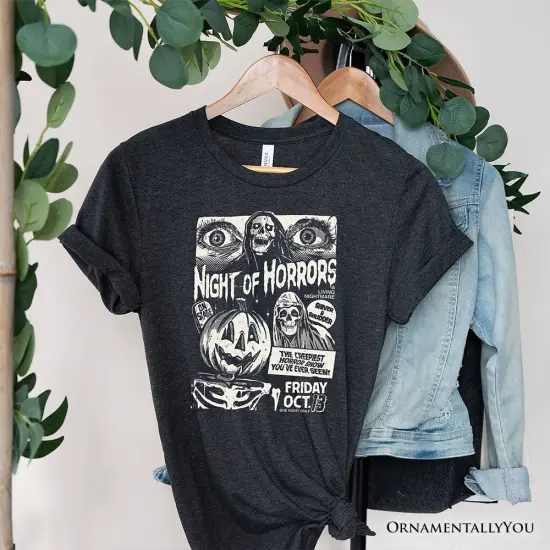 Night of Horrors Retro Halloween T-Shirt, Vintage Poster Tee for Spooky Season Fans {1}