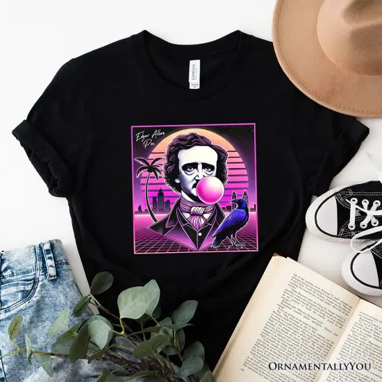 Synthwave 80's Styled Edgar Allan Poe Horror T-Shirt, Vaperwave Classic Retro Neon Halloween Tee {1}