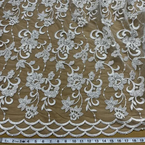 1 Yard Silver Beaded Corded Bridal Lace Fabric Embroidered Elegant Net Mesh Gown 52" Width {1}
