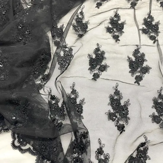1 Yard Beaded Corded Lace Fabric Embroidered Elegant Mesh Bridal Gown 53" Width Black {2}
