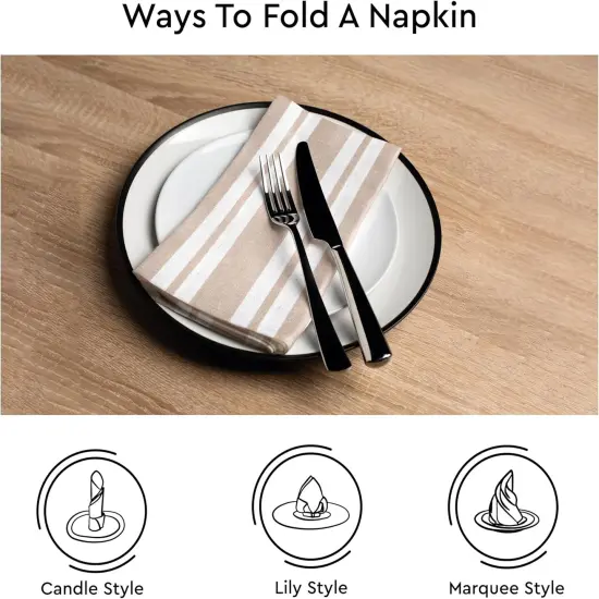 Dining Table Napkins 6 pcs Set of Large 17"x17" - Franca Beige Stripes - Heavy Eco-Friendly Cotton, Homespun Fabric, Machine Washable for Dinner, Party, Restaurant & Banquet {4}