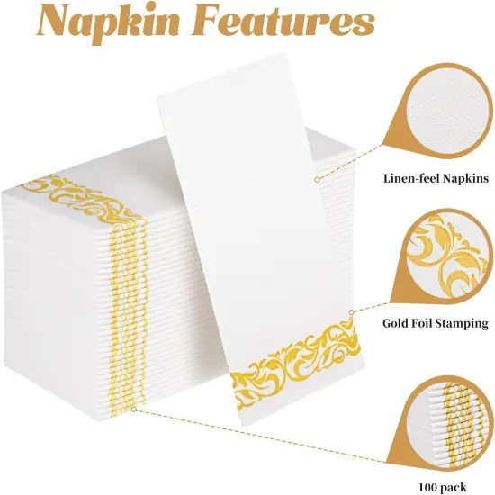 White Dinner Paper Napkins with Pocket Disposable 100 Pack Yellow Trim Linen Feel Wedding Reception Napkins Hand Paper Towels Folded Lunch Napkins for Party, Bathroom (16 x 16 inch) {2}
