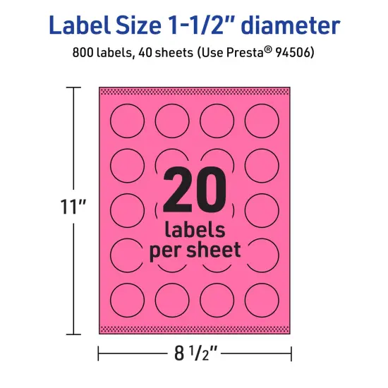 Avery Bright Pink Paper Labels, 1.5" Diameter Round {5}