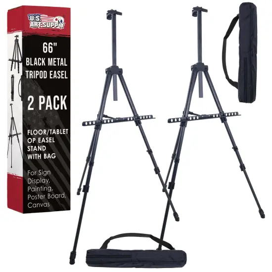 U.S. Art Supply 66" Black Metal Tripod Easel Display (2 Pack) - Adjustable 20"- 5.5', Holds 32" Canvas - Floor/Tabletop Easel Stand, For Sign Display, Painting, Poster Board, Canvas - Portable Bag {1}