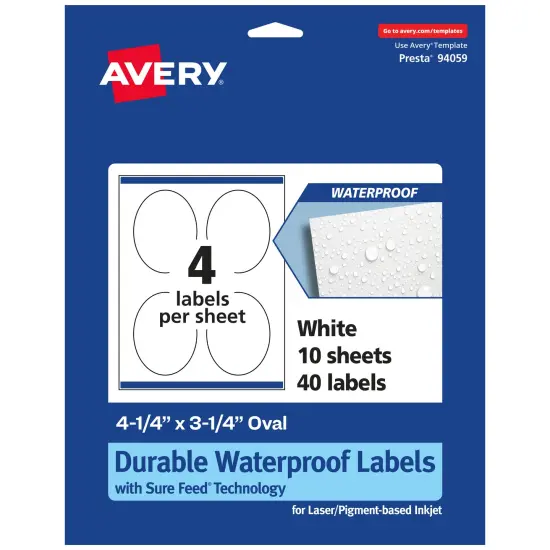 Avery Durable Waterproof Oval Labels with Sure Feed, 4.25" x 3.25" {1}
