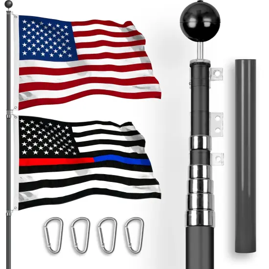 G128 Combo Pack: 25 Ft Telescoping Aluminum Flagpole (Black) & American and Thin Blue Red Line Flags 3x5 Ft, Both StormFlyer Series Embroidered 220GSM Spun Polyester | Pole with Flags Included {1}