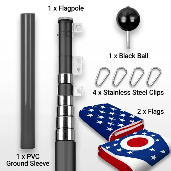 G128 Combo Pack: 25 Ft Telescoping Aluminum Flagpole (Black) & American and Ohio Flags 3x5 Ft, Both StormFlyer Series Embroidered 220GSM Spun Polyester | Pole with Flags Included {2}