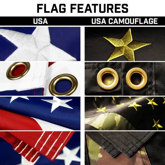 G128 Combo Pack: 20 Ft Telescoping Aluminum Flagpole (Silver) & American and USA Camouflage Flags 3x5 Ft, Both ToughWeave Series Embroidered Polyester | Pole with Flags Included {3}
