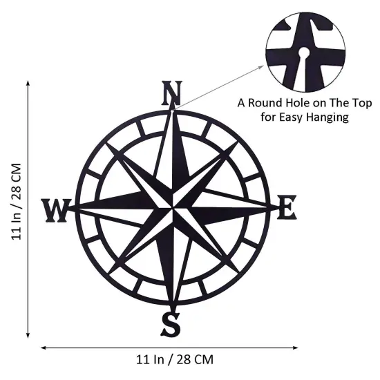 ESTART 11 Inches Metal Decorative Nautical Compass Wall Decor, Living Room Bedroom Office Porch Garden Patio Signs Wall Hanging Art Beach Theme Home Decoration (Black) {6}