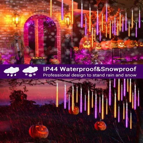 Halloween Lights Outdoor 10 Tubes 240 LED Raindrop Lights Meteor Shower Icicle Lights with Timer Function Cascading Lights Falling Rain Lights for Halloween Orange Purple {6}