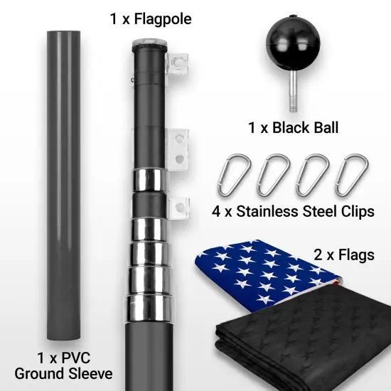 G128 Combo Pack: 20 Ft Telescoping Aluminum Flagpole (Black) & American and All Black USA Flags 3x5 Ft, Both ToughWeave Series Embroidered Polyester | Pole with Flags Included {2}