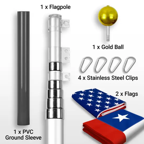 G128 Combo Pack: 20 Ft Telescoping Aluminum Flagpole (Silver) & American and Chile Flags 3x5 Ft, Both ToughWeave Series Embroidered Polyester | Pole with Flags Included {2}