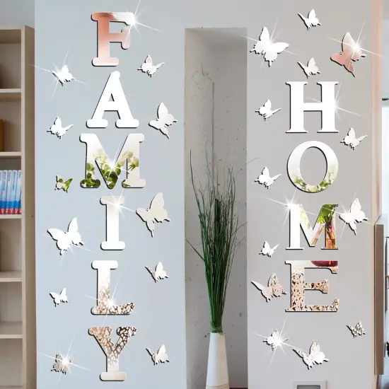 Outus 3D Family Home Sign Letters Living Room Decor Family Rustic Farmhouse Wall Decor Acrylic Mirror Decorative Butterfly Mirror Wall Sticker Decals for Living Room Bedroom Kitchen (Silver) {1}