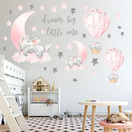 Dream Big Little One Elephant Wall Stickers, Pink Moon Hot Air Balloon Grey Stars Wall Decals for Nursery Kids Room Living Room Bedroom Decorations Home Decor {1}