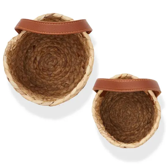 Casafield Set of 2 Water Hyacinth Wall Hanging Baskets with Handles (Small and Large) - Natural, Woven Boho Plant and Flower Storage Pots {6}