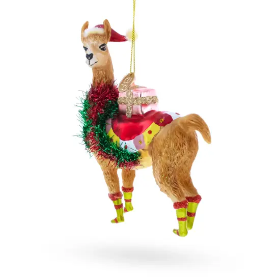 Llama with Presents Glass Christmas Ornament {3}
