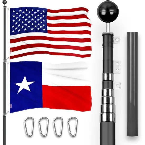 G128 Combo Pack: 20 Ft Telescoping Aluminum Flagpole (Black) & American and Texas Flags 3x5 Ft, Both ToughWeave Series Embroidered Polyester | Pole with Flags Included {1}