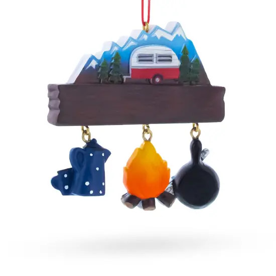 Happy Camper with Campfire and Cookware Resin Christmas Ornament {4}