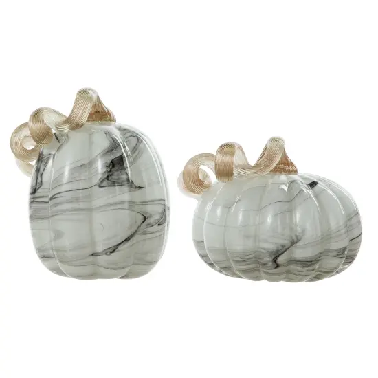 Set of 2 Handmade Gray Marble Glass Pumpkins {5}