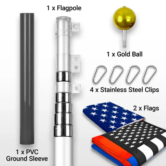 G128 Combo Pack: 20 Ft Telescoping Aluminum Flagpole (Silver) & American and Thin Blue Red Line Flags 3x5 Ft, Both ToughWeave Series Embroidered Polyester | Pole with Flags Included {2}