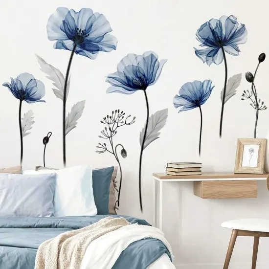 decalmile Large Blue Flower Wall Decals Floral Plants Wall Stickers Bedroom Living Room Kitchen Wall Decor Gifts for Mom {5}